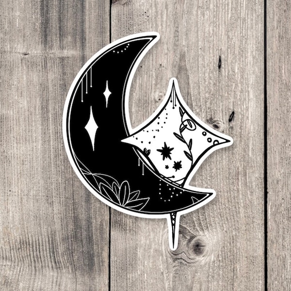 Moon sticker, celestial moon, witchy stickers, black and white, spiritual gifts for her, crescent moon, nature stickers, goth