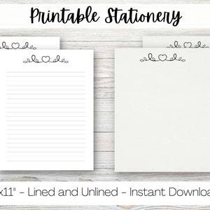 Printable Heart Stationery, digital lined paper, unlined, US Letter size, 8.5x11 inches, writing paper, journal sheets, notes