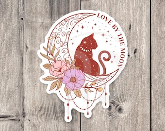 Floral Cat Moon Sticker: Mystical Witchy Laptop Decal