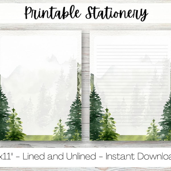 Printable Forest Stationery, digital lined paper, unlined, US Letter size, 8.5x11 inches, writing paper, journal sheets, greenery