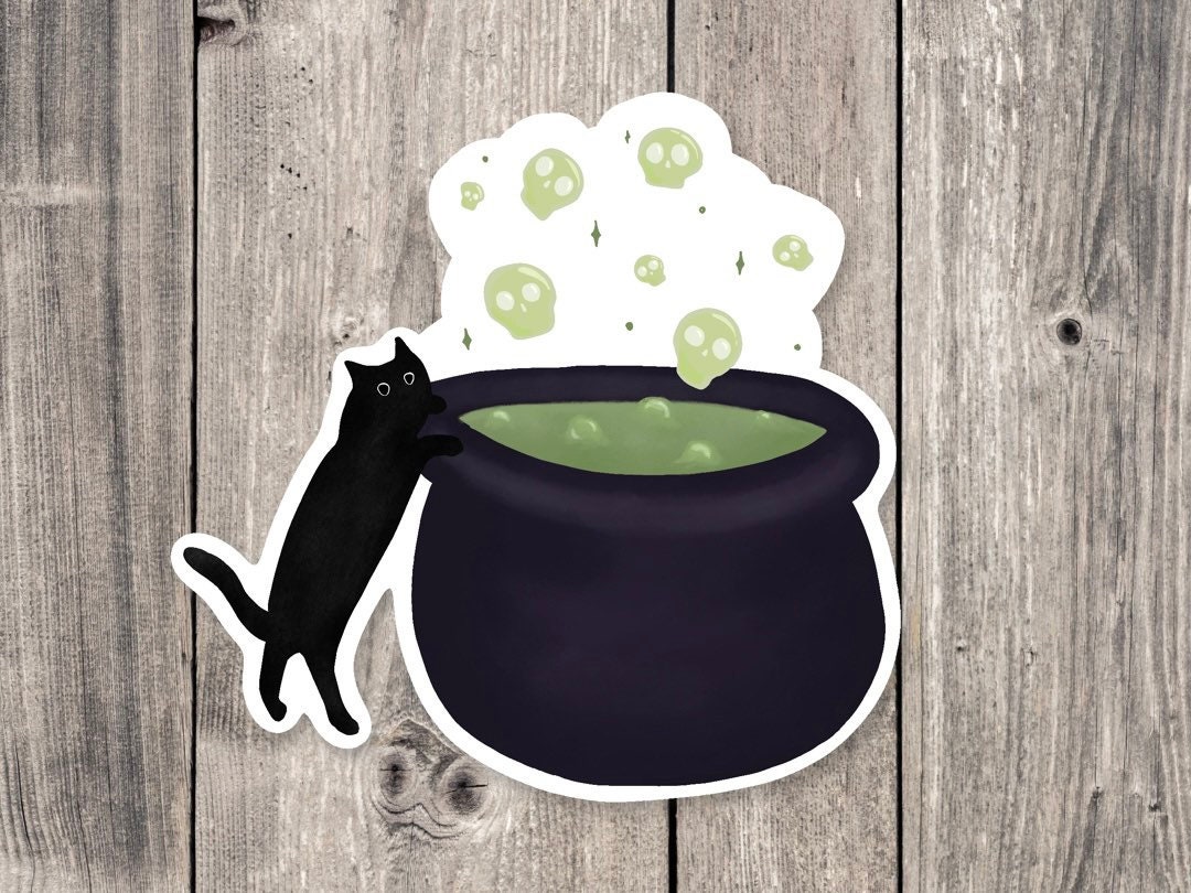 Witchy Black Cat Cauldron Sticker, Spooky Halloween Gift - Etsy