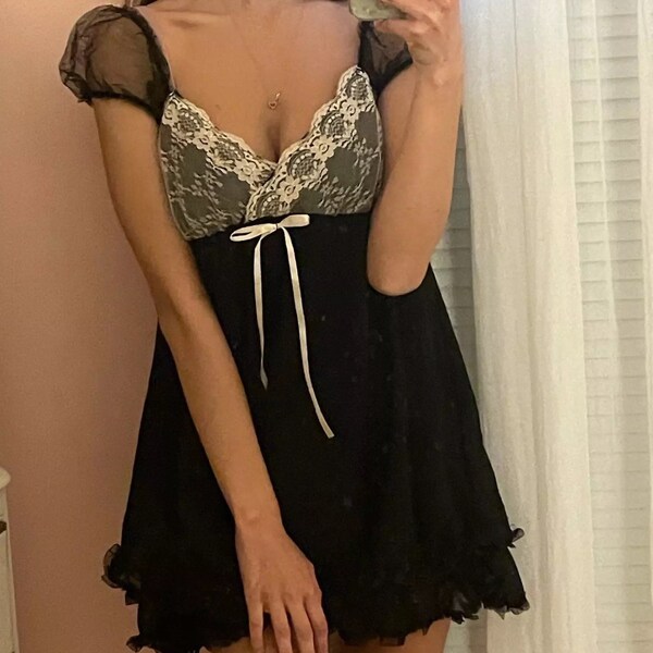 Stretch Mesh & Lace Babydoll With Bow