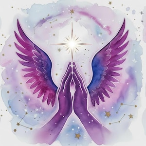 May include: A watercolour illustration depicting praying hands with purple and blue wings, a bright star, and a celestial background. The artwork uses a soft palette of purples, blues, and pinks, with gold star accents, creating a sense of spirituality and peace.