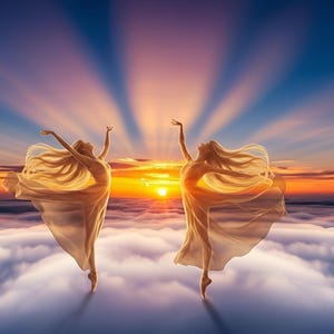 May include: Two figures in flowing gowns dance gracefully above a sea of clouds, bathed in the warm glow of a sunset. The sky transitions from deep blue to vibrant orange, with sun rays emanating from the horizon. The dancers' long, blonde hair streams behind them.