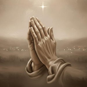 May include: Sepia-toned painting of clasped hands in prayer, with a bright star above. The background depicts a hazy landscape with a distant town. The artwork evokes a sense of faith and spirituality.