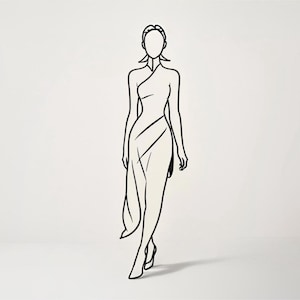 Minimalist Line Art Woman in Flowing Dress – Elegant Female Silhouette Wall Art, Modern Black & White Fashion Print, Digital Download
