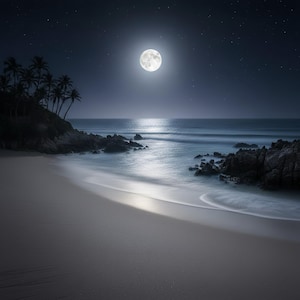 May include: A serene night beach scene under a full moon. The moon casts a bright glow on the ocean, with gentle waves washing onto the sandy shore. Palm trees are silhouetted against the dark sky, and stars are visible.