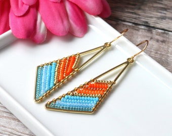 Triangle Turquoise & Orange Beaded Earrings, Beaded Earrings, Seed Bead Earrings, Boho Inspired Jewellery