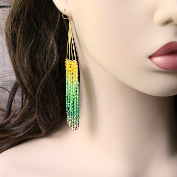 Green fringe earrings sale