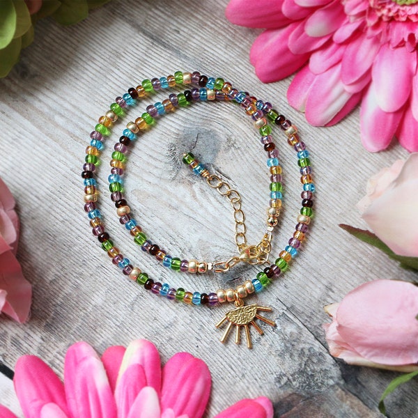 Sun Charm Necklace, Czech Seed Beads, Beaded Necklace, Boho Inspired Jewellery