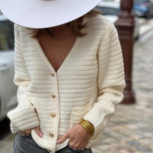 Women's Knitted Cardigan, Women's Sweater with Golden Buttons, Chic & Sexy Vest, Women's Long Sleeve Vest, Parisian Women's Clothing