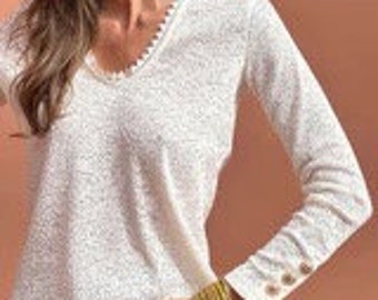 T-Shirt Blanc Femme, Manches Longues, Boutons Dorés sur les manches, Haut Style Parisienne, Vêtement Femme Chic, Style Vintage.