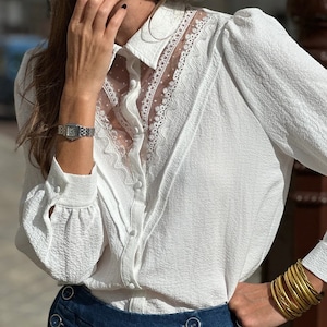 Chemise Femme Manches Longues , Chemisier Blanc, Haut Style Parisienne, Vêtement Femme Chic, chemise avec dentelle, image 4