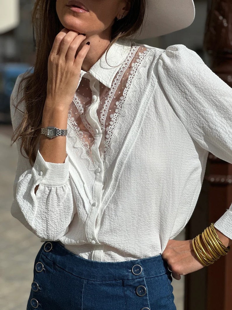 Chemise Femme Manches Longues , Chemisier Blanc, Haut Style Parisienne, Vêtement Femme Chic, chemise avec dentelle, image 4