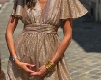 Robe de Cérémonie Beige Irisé - Robe à manche courte - Robe courte à coupe Flare - Robe Chic Confortable et Élégante.