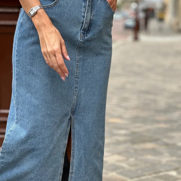 Long Denim Skirt, Slit Skirt, Summer Women's Clothing, wear with sneakers, vintage and playful spirit,