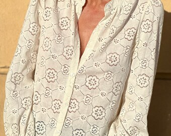 Women's Shirt Long Sleeves and Lace Collar, Embroidery Blouse, Parisian Top Style, Women's Chic & Vintage Clothing