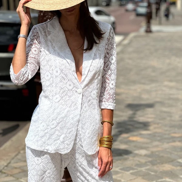 Ensemble Blanc, Ensemble Cérémonie, Entièrement en dentelle, Veste Et Pantalon, Chic, Style parisienne, Vintage,