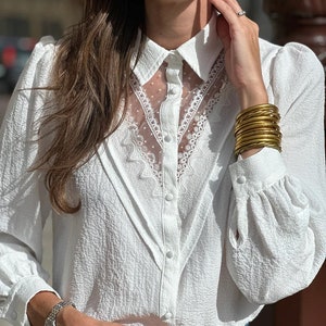 Chemise Femme Manches Longues , Chemisier Blanc, Haut Style Parisienne, Vêtement Femme Chic, chemise avec dentelle, image 1