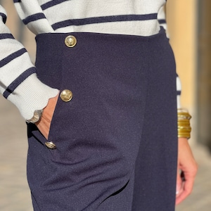 Sailor Trousers with Gold Button Flare Cut, High Waisted Fitted Trousers with Gold Buttons