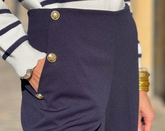 Sailor Trousers with Gold Button Flare Cut, High Waisted Fitted Trousers with Gold Buttons