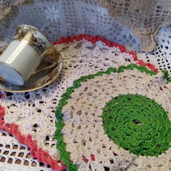 Set of 2 Doilies, Crocheted Doilies, Farmhouse and Country Decorating Doilies, White and Red Doilie, Ecru and Green Doilie