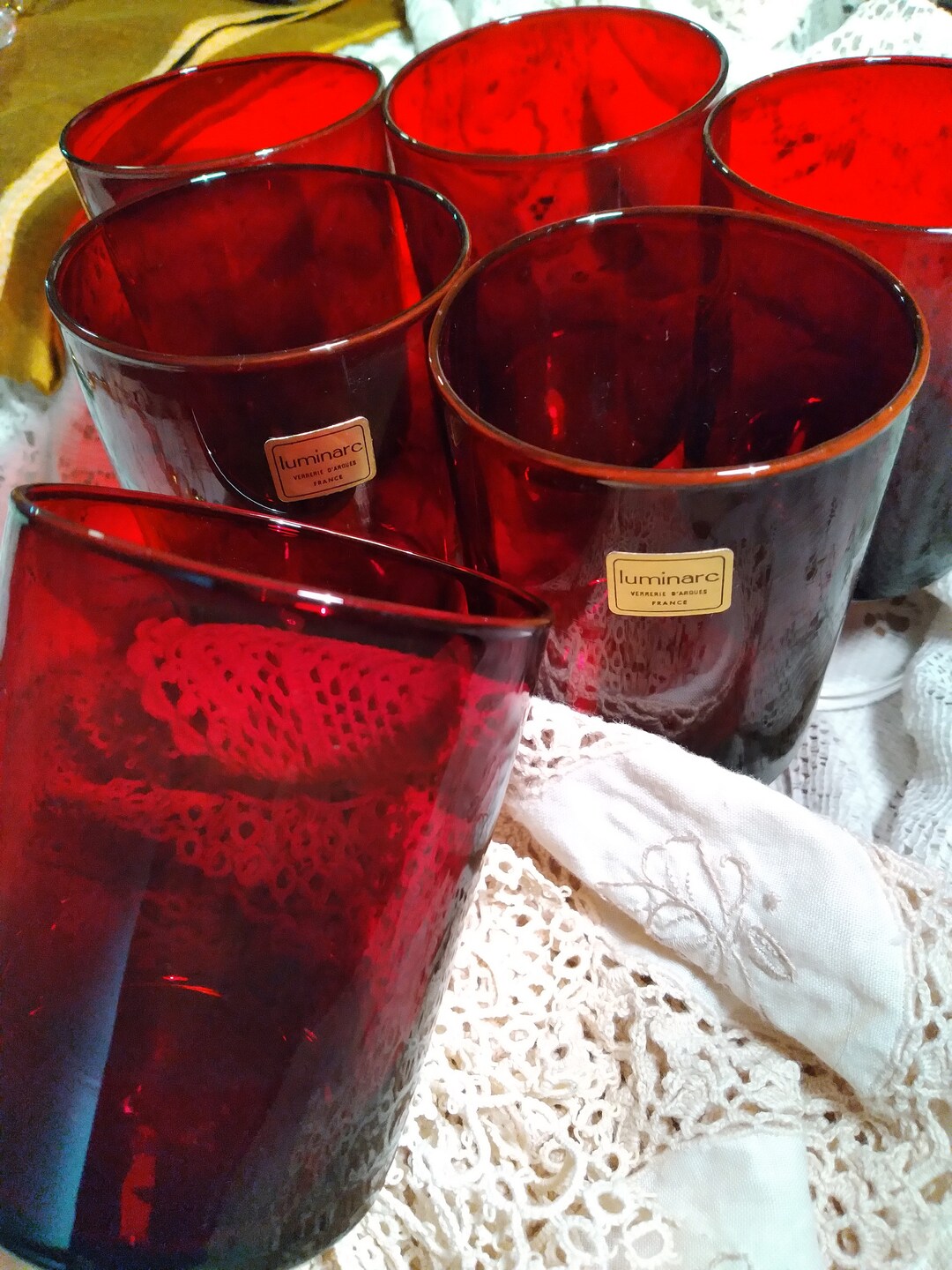 1970s, Set of 6 Ruby Red Cocktail Glasses, Luminarc, Verrerie D'arques