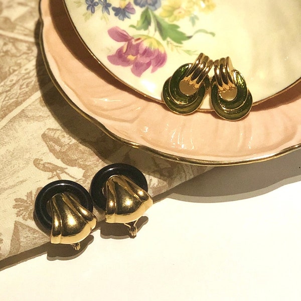 Vintage Crown Trifari Monet Earrings Clip on Button Door Knocker Enamel Minimalist Wheel