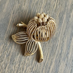 Vintage Monet Flower Brooch 3D Floral Pin 1950s Gold tone