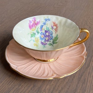 Vintage SHELLEY England Fine Bone China Oleander Tea Cup & Saucer Set Flower Peach Petal Floral