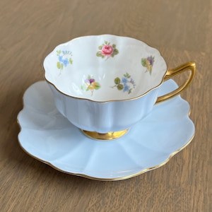 1960s Vintage Shelley England China Tea Cup & Saucer Set 13966 Roses Pansies Forget-me-not Blue Atholl Shape