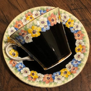 Vintage 1930&#39;s AYNSLEY Black Floral Hand Colored Tea Cup & Saucer