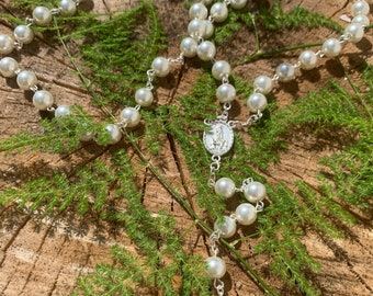 Chapelet Perles Blanches Collier Catholique Religieux Terre Sainte Croix Portugal