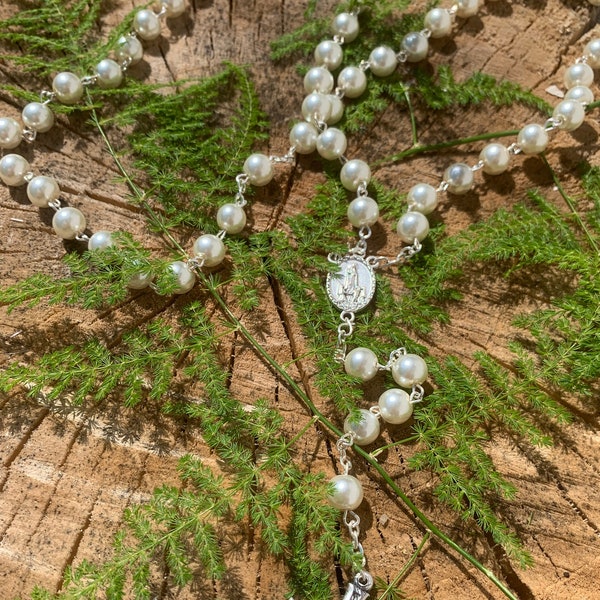 Rosary White Pearl Beads Catholic Necklace Religious Holy Soil Cross Portugal