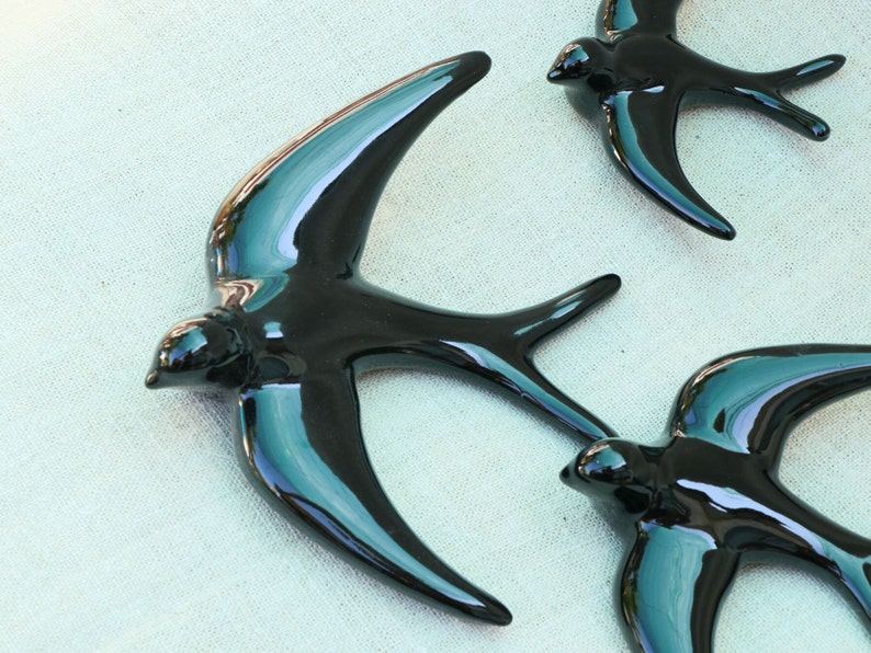 Pack of 3 Black Ceramic Swallows Wall decor bird ластівка three beautiful swallows, made of ceramic