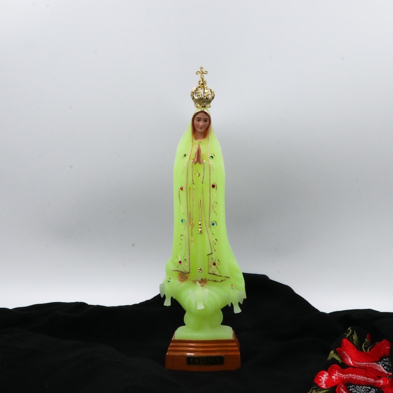 Luminous Our Lady of Fatima 28cm, Glows in the dark Statue Religious, Fluorescent Statue, Luminous hand-painted eyes, Movable crown