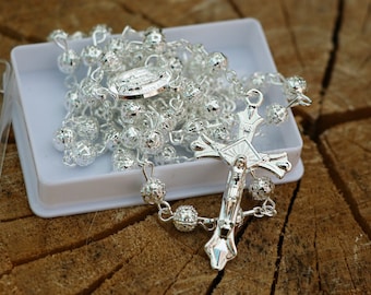 Collier chapelet catholique de perles en métal argenté avec crucifix de bijoux Terre de Fatima et pièce maîtresse de médaille miraculeuse double face
