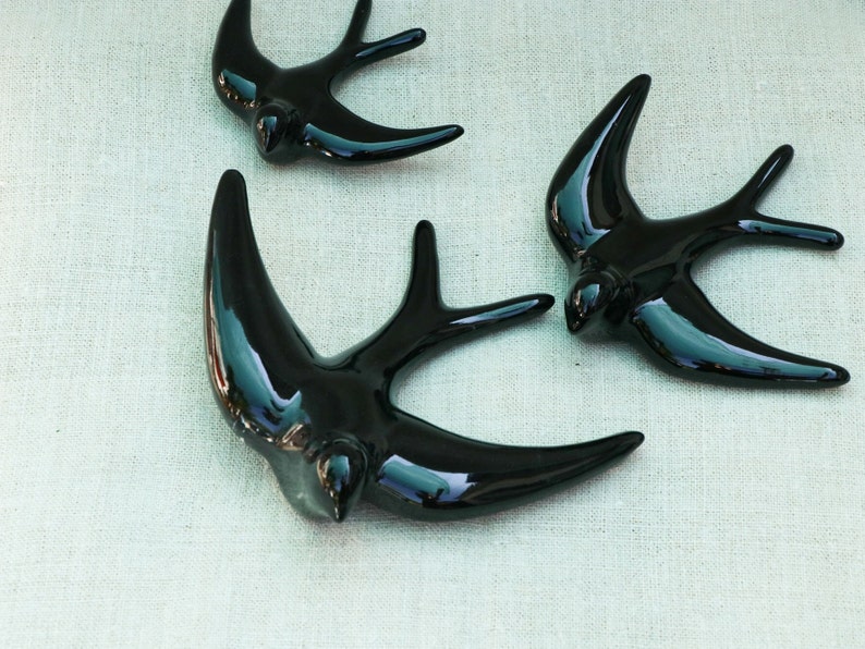 Pack of 3 Black Ceramic Swallows Wall decor bird ластівка three beautiful swallows, made of ceramic