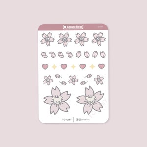 Feuille d'autocollants carrés Sakura/cerisier en fleurs 1 pcs - art numérique, autocollants, illustration, kawaii, articles de papeterie, Bullet Journal / Scrapbook