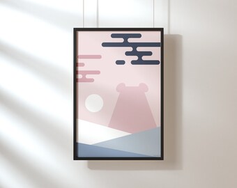 Square Bear Mount Fuji Minimalist Art Print on Bamboo Paper