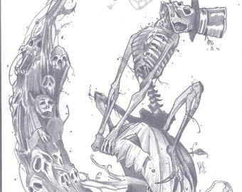 May include: A black and white pencil drawing of a skeleton wearing a top hat and sitting on a large pumpkin. The skeleton is smoking a pipe and the pumpkin is surrounded by vines. The drawing is done in a realistic style and has a spooky feel.