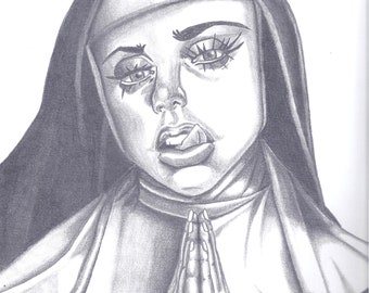 Grafiettekening Naughty Nun, originele kunst