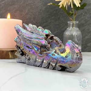 Rainbow Aura Sphalerite Dragon&#39;s Head Skull Carving