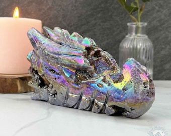 Rainbow Aura Sphalerite Dragon's Head Skull Carving