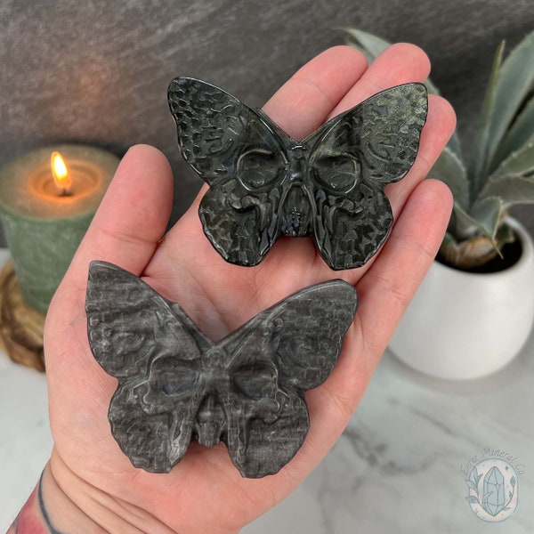 Gold and Silver Sheen Obsidian Death's Head Moth Carving