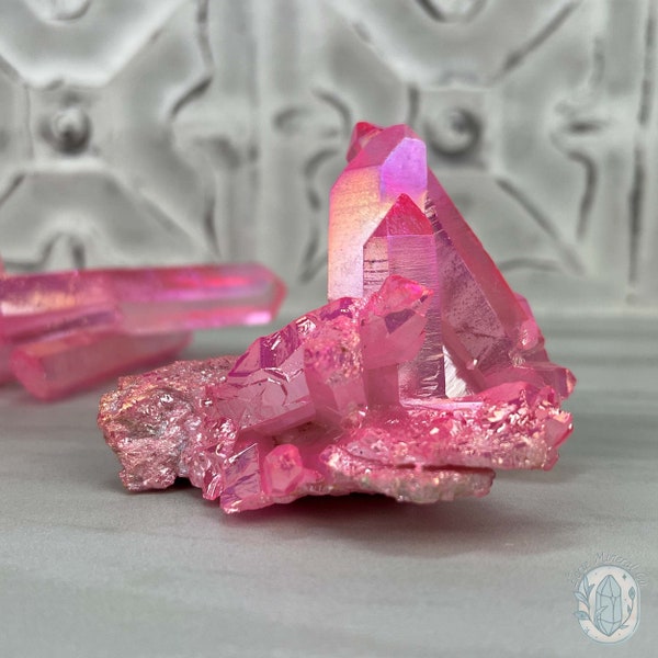 Pink Aura Clear Quartz Crystal Clusters