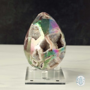 Hand Carved Rainbow Aura Druzy Sphalerite Egg With Stand
