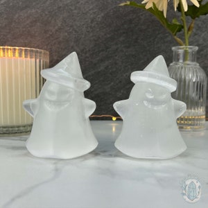 Selenite Halloween Ghost with Witch&#39;s Hat Carvings