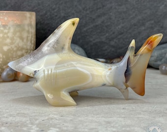 Layered Quartz Agate Great White Shark Carving