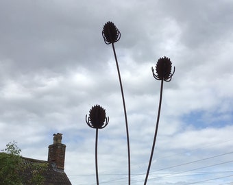 Teasels, Metal Garden Ornament, Triple Teasels: Rusty Wildflower Sculpture